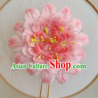 Traditional China Ancient Qing Dynasty Queen Hair Stick Classical Pink Velvet Peony Hairpin