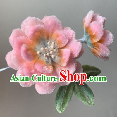 China Traditional Ancient Qing Dynasty Princess Hair Stick Classical Pink Velvet Peony Hairpin