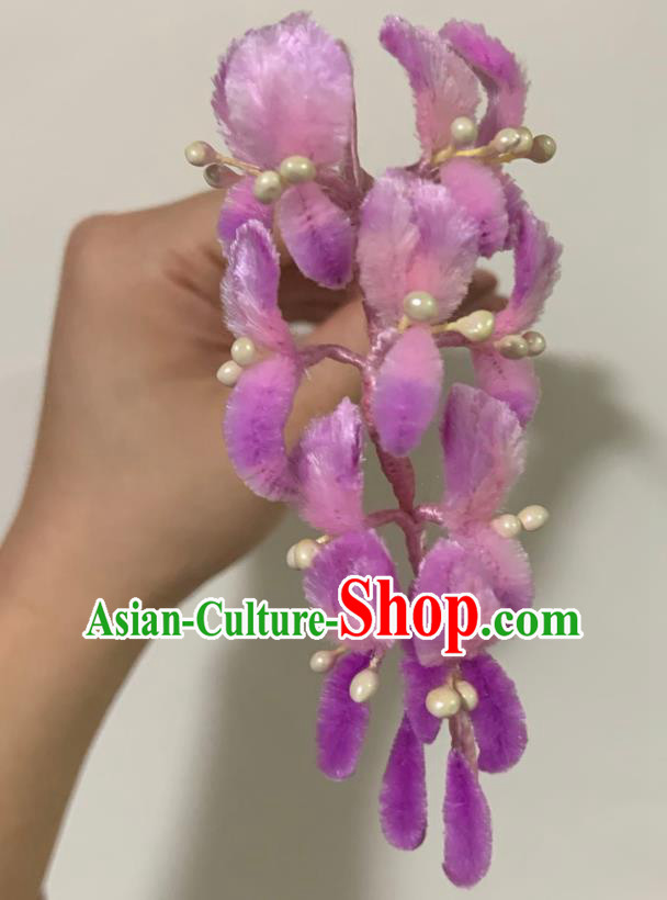China Traditional Classical Velvet Wisteria Hairpin Ancient Qing Dynasty Hair Stick Accessories China Traditional Classical Velvet Wisteria Hairpin Ancient Qing Dynasty Hair Stick Accessories