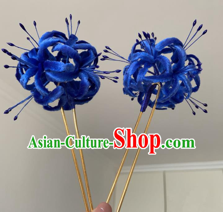 China Classical Blue Velvet Manjusaka Hairpin Traditional Qing Dynasty Accessories Hair Stick China Classical Blue Velvet Manjusaka Hairpin Traditional Qing Dynasty Accessories Hair Stick