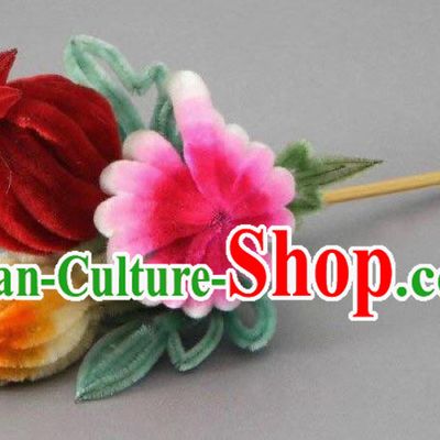 China Classical Velvet Chrysanthemum Hairpin Traditional Qing Dynasty Court Hair Stick