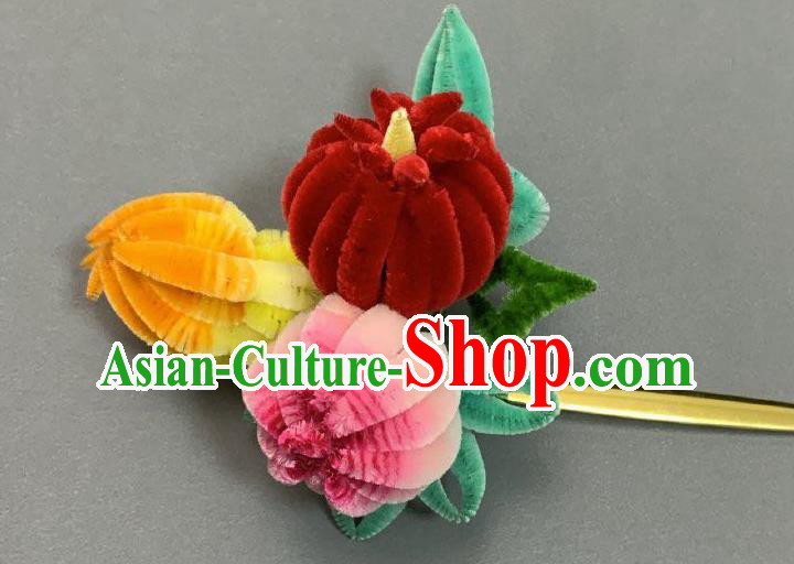 China Classical Velvet Chrysanthemum Hairpin Traditional Qing Dynasty Court Hair Stick China Classical Velvet Chrysanthemum Hairpin Traditional Qing Dynasty Court Hair Stick