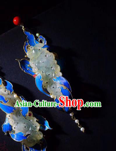 Chinese Ancient Qing Dynasty Blueing Ear Accessories Traditional Culture Jewelry Jade Earrings Chinese Ancient Qing Dynasty Blueing Ear Accessories Traditional Culture Jewelry Jade Earrings