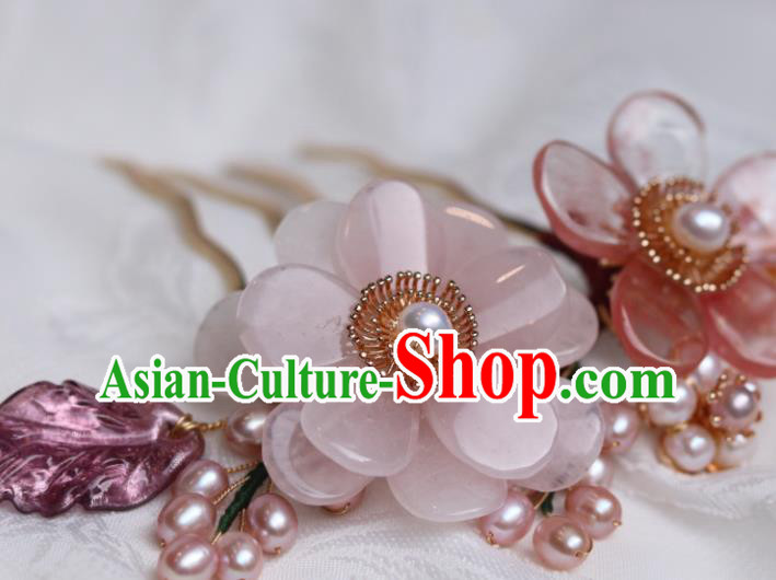 China Classical Hanfu Pearls Hairpin Traditional Ming Dynasty Princess Rose Quartz Flower Hair Comb China Classical Hanfu Pearls Hairpin Traditional Ming Dynasty Princess Rose Quartz Flower Hair Comb