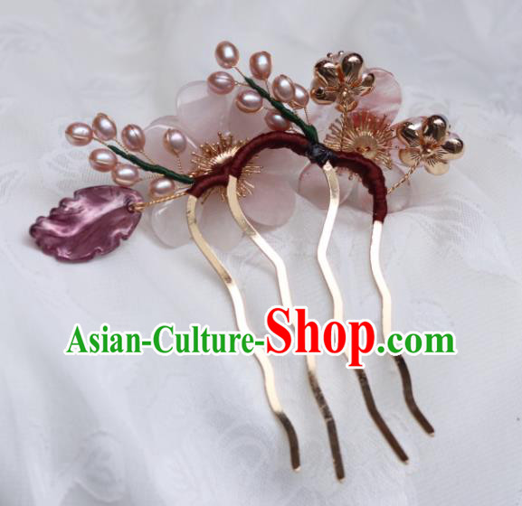 China Classical Hanfu Pearls Hairpin Traditional Ming Dynasty Princess Rose Quartz Flower Hair Comb China Classical Hanfu Pearls Hairpin Traditional Ming Dynasty Princess Rose Quartz Flower Hair Comb