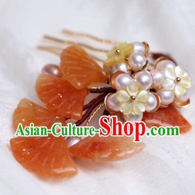 China Classical Hanfu Red Ginkgo Leaf Hairpin Traditional Ming Dynasty Princess Shell Plum Hair Comb
