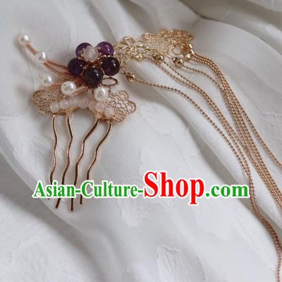 China Traditional Amethyst Plum Hairpin Classical Cheongsam Golden Tassel Hair Comb