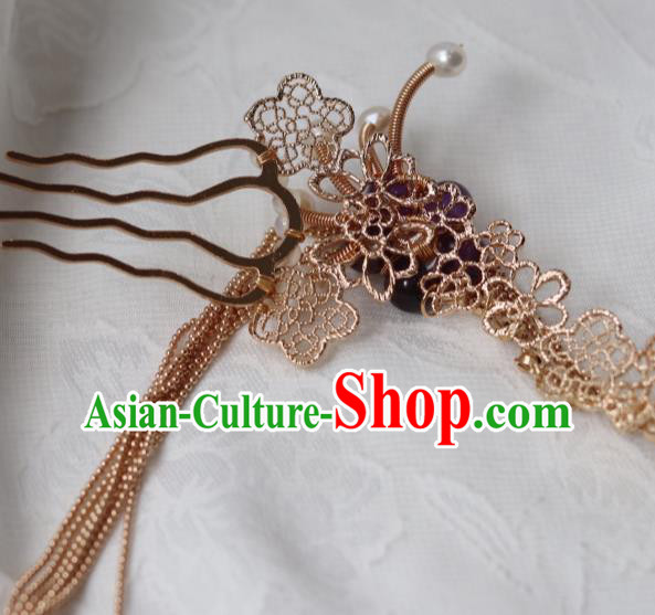 China Traditional Amethyst Plum Hairpin Classical Cheongsam Golden Tassel Hair Comb China Traditional Amethyst Plum Hairpin Classical Cheongsam Golden Tassel Hair Comb