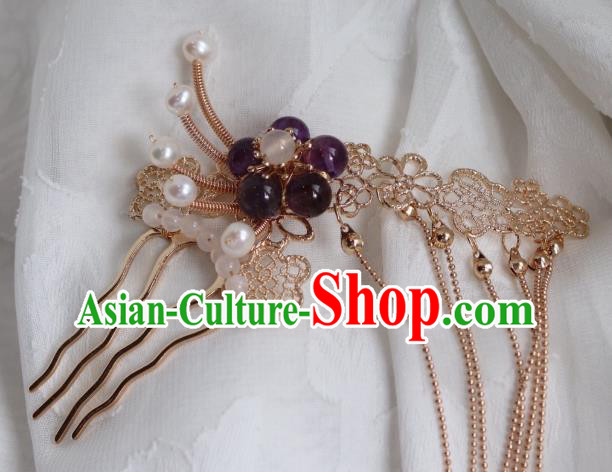China Traditional Amethyst Plum Hairpin Classical Cheongsam Golden Tassel Hair Comb China Traditional Amethyst Plum Hairpin Classical Cheongsam Golden Tassel Hair Comb