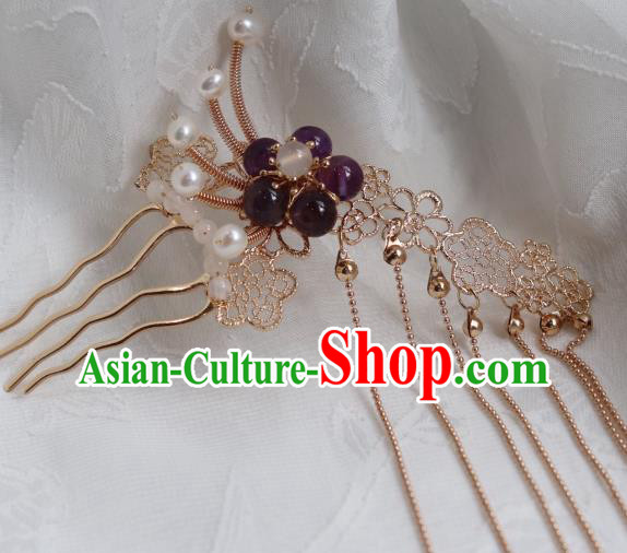 China Traditional Amethyst Plum Hairpin Classical Cheongsam Golden Tassel Hair Comb China Traditional Amethyst Plum Hairpin Classical Cheongsam Golden Tassel Hair Comb
