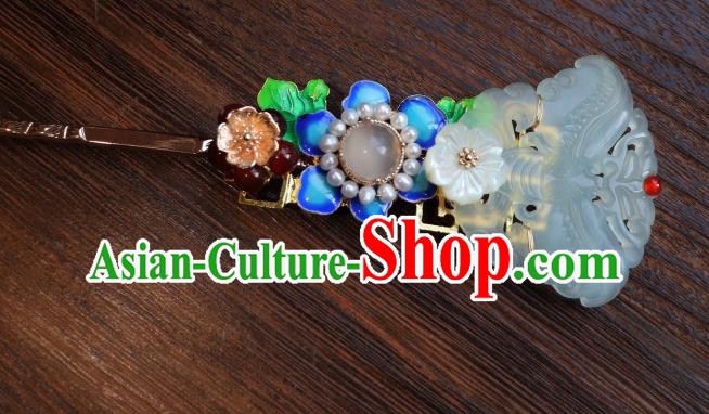 China Traditional Qing Dynasty Jade Butterfly Hairpin Classical Blueing Flower Hair Stick China Traditional Qing Dynasty Jade Butterfly Hairpin Classical Blueing Flower Hair Stick