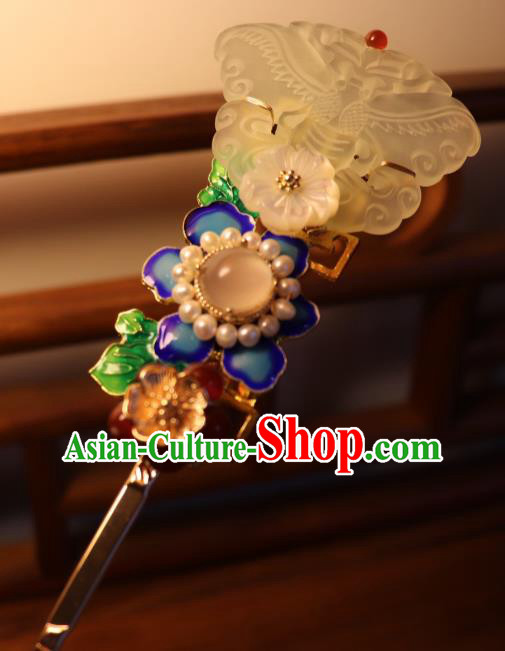 China Traditional Qing Dynasty Jade Butterfly Hairpin Classical Blueing Flower Hair Stick China Traditional Qing Dynasty Jade Butterfly Hairpin Classical Blueing Flower Hair Stick