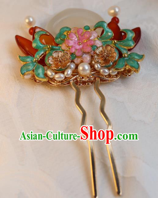China Classical Pearls Enamel Hair Stick Traditional Qing Dynasty Jade Peach Hairpin China Classical Pearls Enamel Hair Stick Traditional Qing Dynasty Jade Peach Hairpin