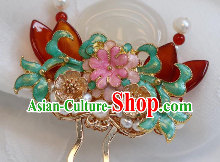 China Classical Pearls Enamel Hair Stick Traditional Qing Dynasty Jade Peach Hairpin China Classical Pearls Enamel Hair Stick Traditional Qing Dynasty Jade Peach Hairpin