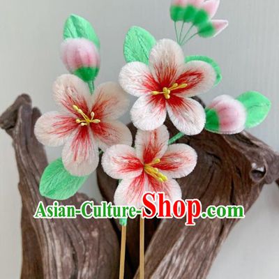 China Classical Velvet Peach Blossom Hairpin Traditional Qing Dynasty Palace Lady Flower Hair Stick
