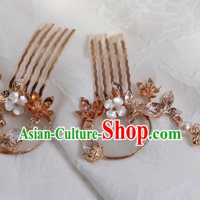 China Classical Golden Tassel Hair Comb Traditional Ming Dynasty Princess Shell Hairpin