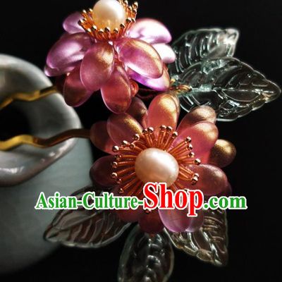 China Ancient Princess Hairpin Traditional Ming Dynasty Pink Chrysanthemum Hair Clip