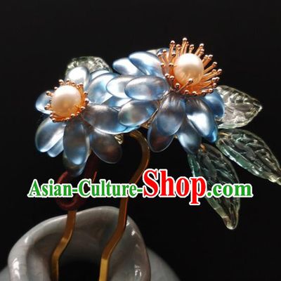 China Ancient Princess Blue Chrysanthemum Hairpin Traditional Ming Dynasty Pearls Hair Clip