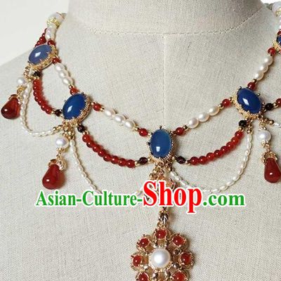 Chinese Traditional Hanfu Agate Necklace Accessories Classical Ming Dynasty Princess Pearls Necklet