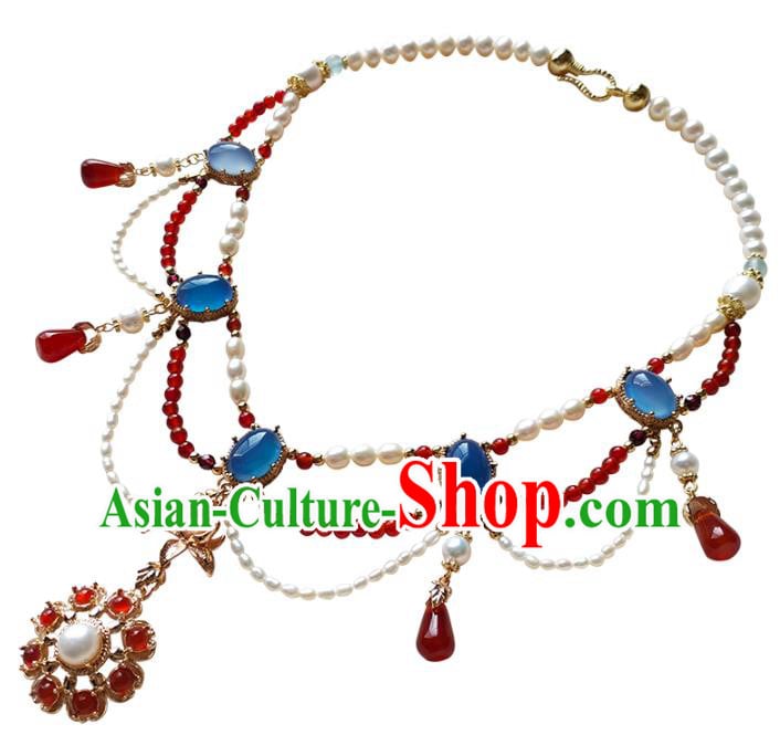Chinese Traditional Hanfu Agate Necklace Accessories Classical Ming Dynasty Princess Pearls Necklet Chinese Traditional Hanfu Agate Necklace Accessories Classical Ming Dynasty Princess Pearls Necklet