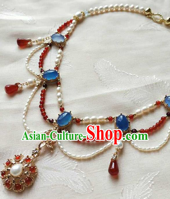 Chinese Traditional Hanfu Agate Necklace Accessories Classical Ming Dynasty Princess Pearls Necklet Chinese Traditional Hanfu Agate Necklace Accessories Classical Ming Dynasty Princess Pearls Necklet
