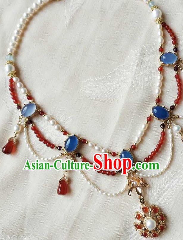 Chinese Traditional Hanfu Agate Necklace Accessories Classical Ming Dynasty Princess Pearls Necklet Chinese Traditional Hanfu Agate Necklace Accessories Classical Ming Dynasty Princess Pearls Necklet
