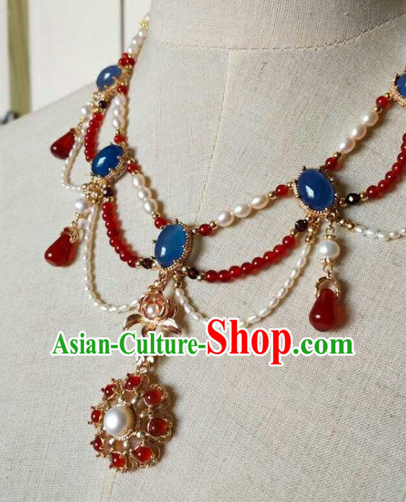 Chinese Traditional Hanfu Agate Necklace Accessories Classical Ming Dynasty Princess Pearls Necklet Chinese Traditional Hanfu Agate Necklace Accessories Classical Ming Dynasty Princess Pearls Necklet