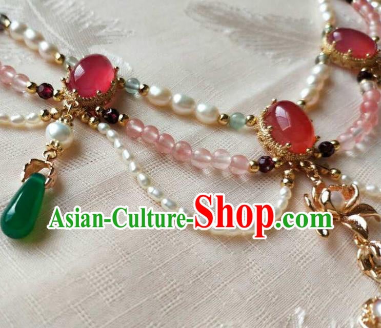 Chinese Traditional Hanfu Pearls Necklace Accessories Classical Ming Dynasty Princess Chrysoprase Necklet Chinese Traditional Hanfu Pearls Necklace Accessories Classical Ming Dynasty Princess Chrysoprase Necklet