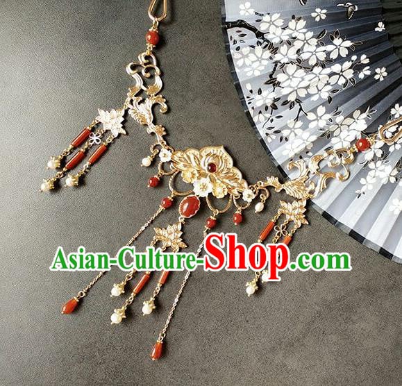 Chinese Traditional Ming Dynasty Princess Agate Tassel Necklet Classical Hanfu Golden Peony Necklace Chinese Traditional Ming Dynasty Princess Agate Tassel Necklet Classical Hanfu Golden Peony Necklace