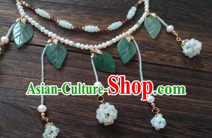Chinese Classical Hanfu Pearls Necklace Traditional Ming Dynasty Princess Green Beads Tassel Necklet Chinese Classical Hanfu Pearls Necklace Traditional Ming Dynasty Princess Green Beads Tassel Necklet