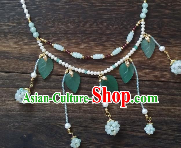 Chinese Classical Hanfu Pearls Necklace Traditional Ming Dynasty Princess Green Beads Tassel Necklet Chinese Classical Hanfu Pearls Necklace Traditional Ming Dynasty Princess Green Beads Tassel Necklet