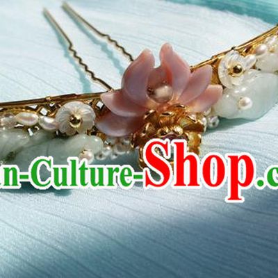 China Ancient Princess Pink Shell Lotus Hairpin Traditional Ming Dynasty Jade Pearls Hair Clip