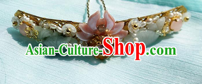 China Ancient Princess Pink Shell Lotus Hairpin Traditional Ming Dynasty Jade Pearls Hair Clip China Ancient Princess Pink Shell Lotus Hairpin Traditional Ming Dynasty Jade Pearls Hair Clip