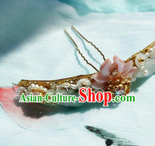 China Ancient Princess Pink Shell Lotus Hairpin Traditional Ming Dynasty Jade Pearls Hair Clip China Ancient Princess Pink Shell Lotus Hairpin Traditional Ming Dynasty Jade Pearls Hair Clip