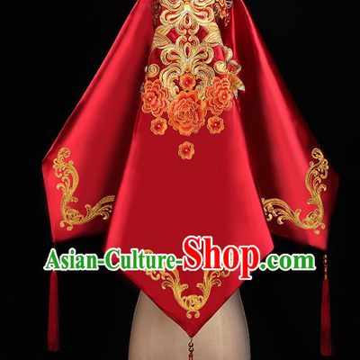 Chinese Traditional Wedding Accessories Embroidered Peony Red Bridal Veil