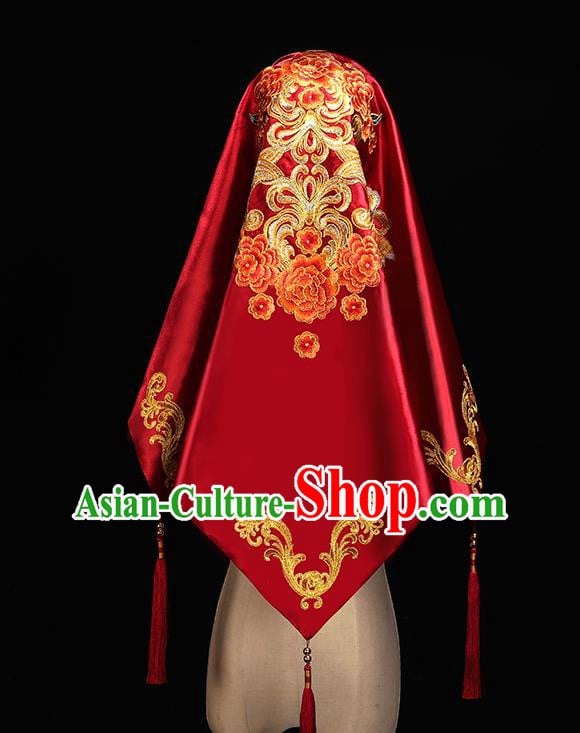 Chinese Traditional Wedding Accessories Embroidered Peony Red Bridal Veil Chinese Traditional Wedding Accessories Embroidered Peony Red Bridal Veil