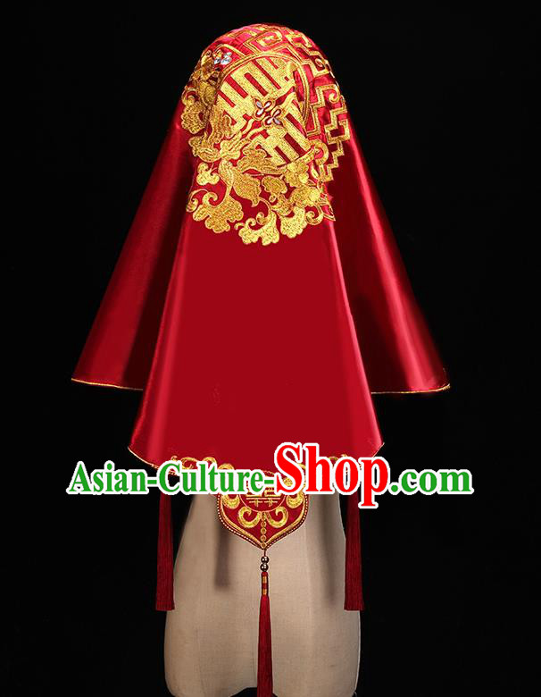 Chinese Traditional Wedding Headdress Embroidered Red Satin Bridal Veil Accessories Chinese Traditional Wedding Headdress Embroidered Red Satin Bridal Veil Accessories