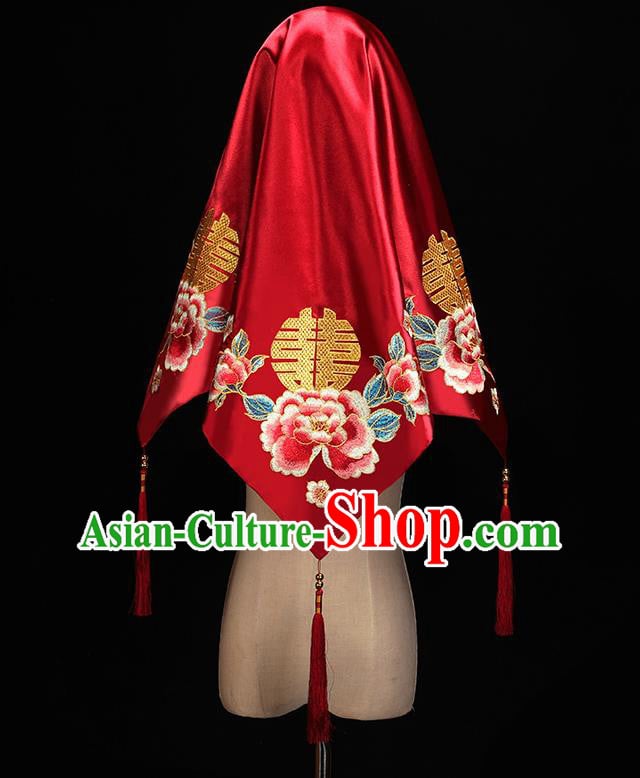 Chinese Embroidered Peony Red Satin Bridal Veil Accessories Traditional Wedding Headdress Chinese Embroidered Peony Red Satin Bridal Veil Accessories Traditional Wedding Headdress