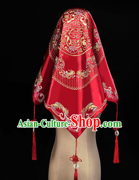 Chinese Embroidered Phoenix Red Satin Bridal Veil Traditional Wedding Xiuhe Suit Headdress Chinese Embroidered Phoenix Red Satin Bridal Veil Traditional Wedding Xiuhe Suit Headdress