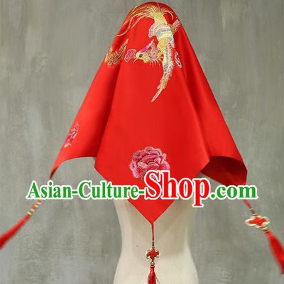 Chinese Xiuhe Suit Accessories Embroidered Phoenix Peony Red Satin Bridal Veil Traditional Wedding Headdress