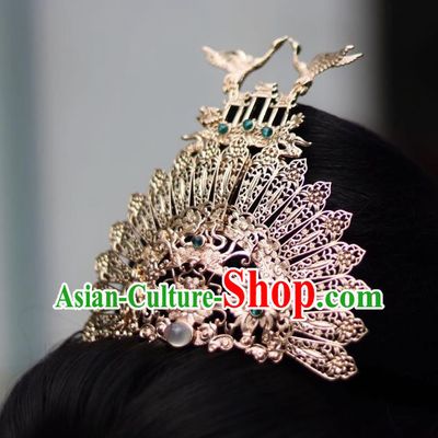 China Ancient Princess Hair Comb Traditional Ming Dynasty Golden Crane Hair Crown