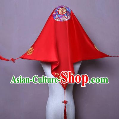 Chinese Embroidered Bridal Veil Traditional Wedding Headdress Classical Xiuhe Suit Red Satin Accessories