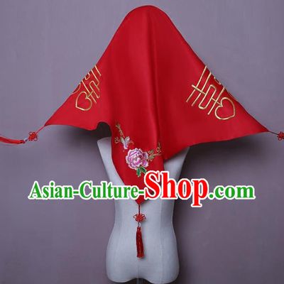 Chinese Classical Xiuhe Suit Red Satin Accessories Traditional Wedding Headwear Embroidered Peony Butterfly Bridal Veil