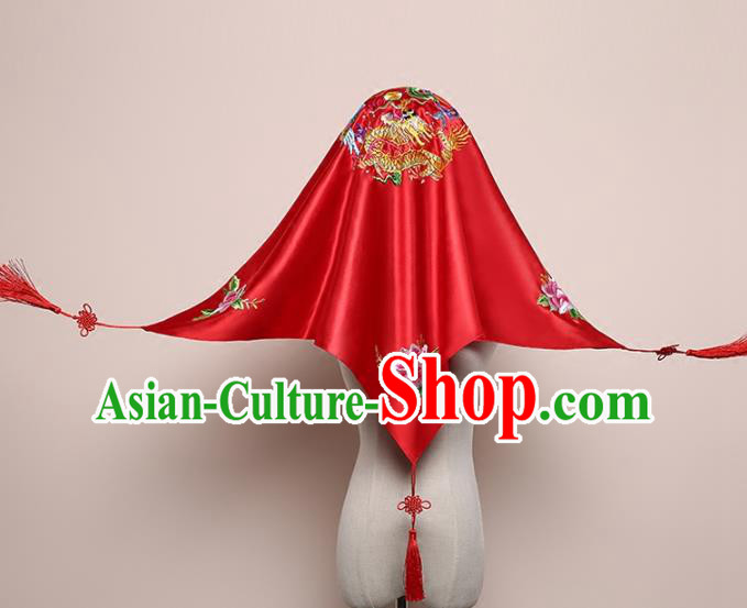 Chinese Traditional Embroidered Dragon Phoenix Red Satin Bridal Veil Classical Wedding Headdress Chinese Traditional Embroidered Dragon Phoenix Red Satin Bridal Veil Classical Wedding Headdress