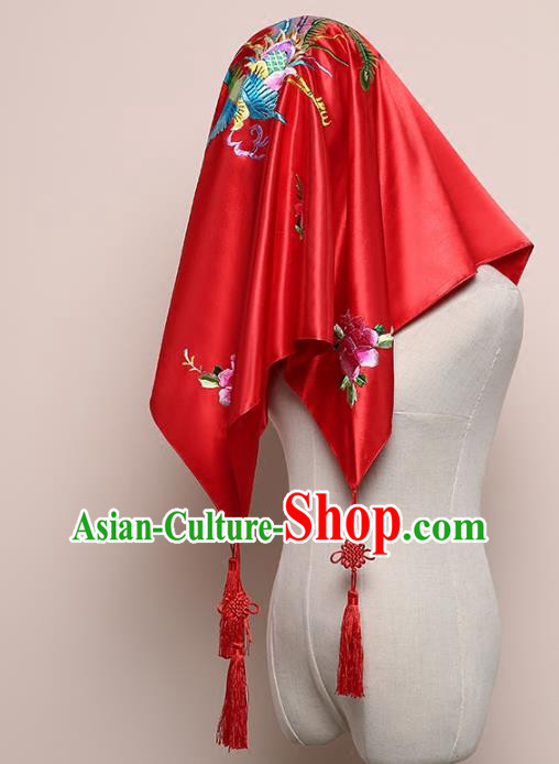 Chinese Classical Wedding Headdress Red Satin Kerchief Traditional Embroidered Phoenix Peony Bridal Veil Chinese Classical Wedding Headdress Red Satin Kerchief Traditional Embroidered Phoenix Peony Bridal Veil