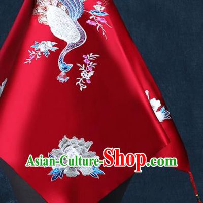 Chinese Red Satin Kerchief Traditional Embroidered Peacock Peony Bridal Veil Classical Wedding Headdress
