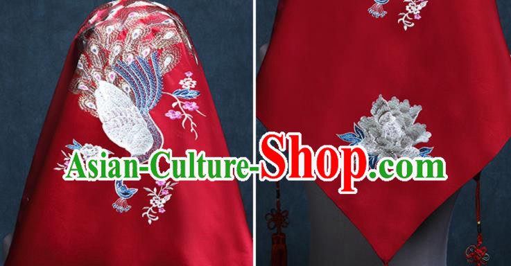 Chinese Red Satin Kerchief Traditional Embroidered Peacock Peony Bridal Veil Classical Wedding Headdress Chinese Red Satin Kerchief Traditional Embroidered Peacock Peony Bridal Veil Classical Wedding Headdress
