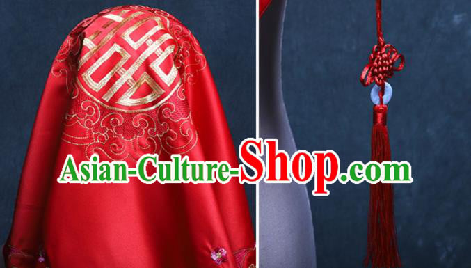 Chinese Wedding Red Satin Kerchief Traditional Embroidered Bridal Veil Classical Headdress Chinese Wedding Red Satin Kerchief Traditional Embroidered Bridal Veil Classical Headdress