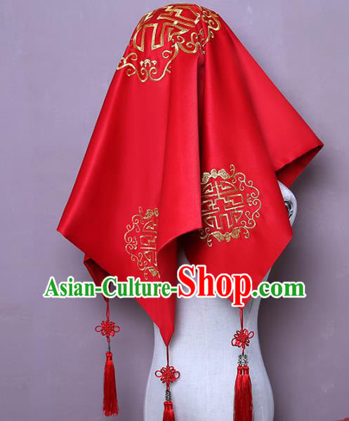 Chinese Embroidered Red Satin Bridal Veil Classical Xiuhe Suit Accessories Traditional Wedding Headpiece