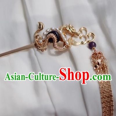 China Ancient Empress Amethyst Hairpin Traditional Ming Dynasty Golden Dragon Tassel Hair Stick